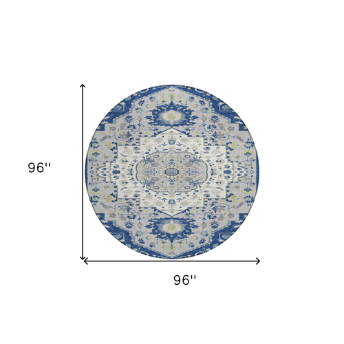 8' Navy Blue Ivory And Gray Round Oriental Washable Indoor Outdoor Area Rug