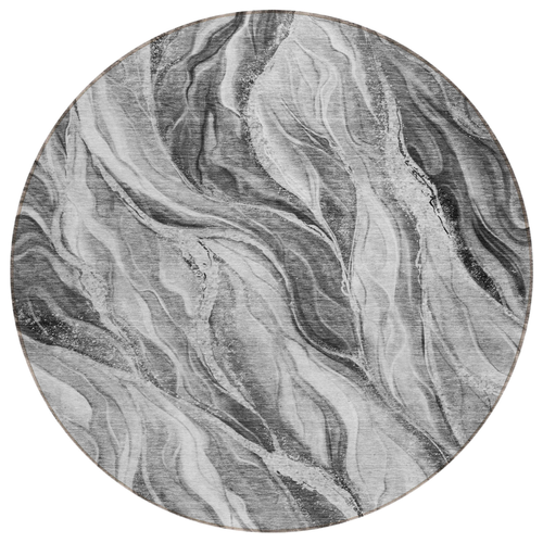 8' Gray Charcoal And Ivory Round Abstract Washable Indoor Outdoor Area Rug