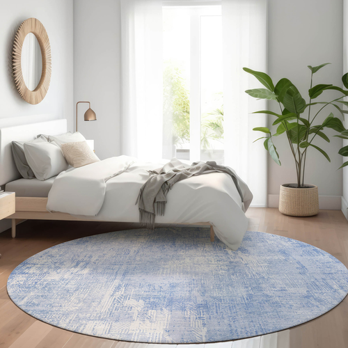 8' Sky Blue Denim Blue And Ivory Round Abstract Washable Indoor Outdoor Area Rug
