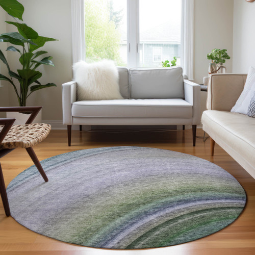 8' Teal Blue Artichoke Green And Green Round Abstract Washable Indoor Outdoor Area Rug