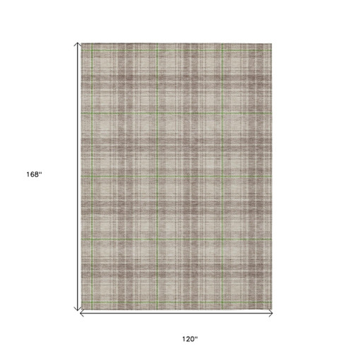 10' X 14' Beige Ivory And Green Plaid Washable Indoor Outdoor Area Rug