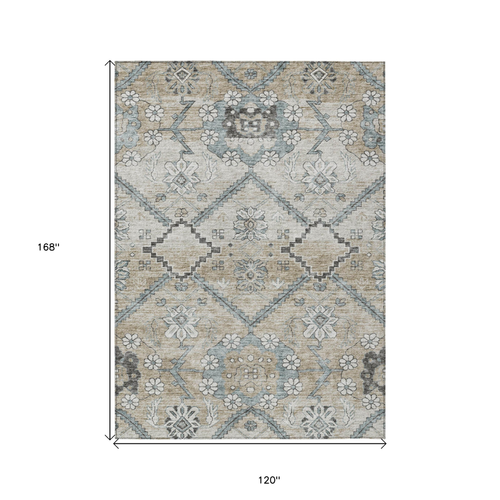 10' X 14' Beige Taupe And Tan Floral Washable Indoor Outdoor Area Rug
