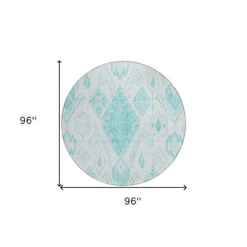 8' Teal Blue Aqua And Ivory Round Moroccan Washable Indoor Outdoor Area Rug