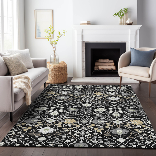 9' X 12' Black Ivory And Gray Oriental Washable Indoor Outdoor Area Rug