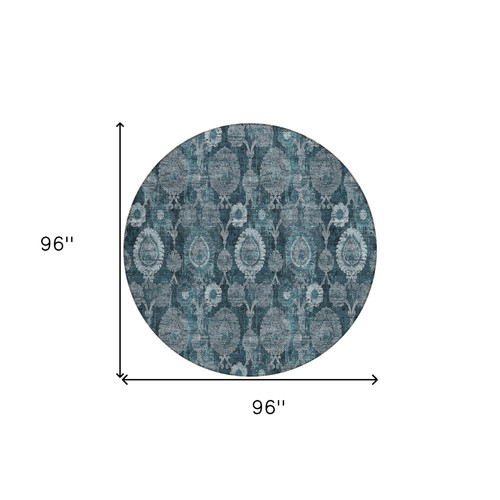 8' Teal Blue And Sky Blue Round Damask Washable Indoor Outdoor Area Rug