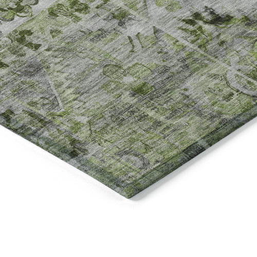 8' X 10' Artichoke Green And Gray Floral Medallion Washable Indoor Outdoor Area Rug
