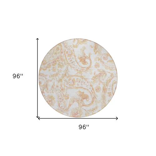 8' Coral Ivory And Peach Round Paisley Washable Indoor Outdoor Area Rug