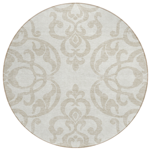 8' Ivory And Beige Round Damask Washable Indoor Outdoor Area Rug