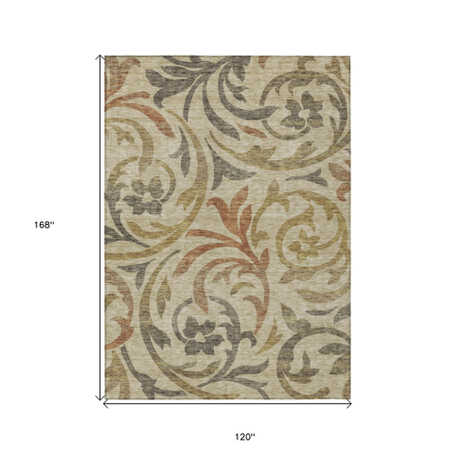 10' X 14' Beige Taupe And Copper Floral Washable Indoor Outdoor Area Rug