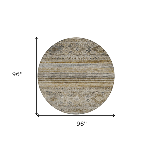 8' Brown Tan And Black Round Floral Washable Indoor Outdoor Area Rug