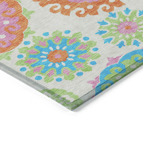 10' X 14' White Orange And Teal Blue Floral Medallion Washable Indoor Outdoor Area Rug