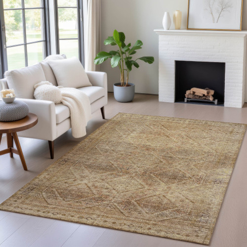 9' X 12' Khaki And Beige Geometric Washable Indoor Outdoor Area Rug - Khaki, Beige