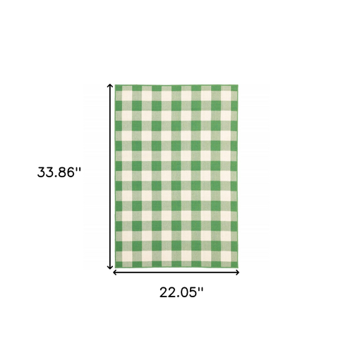 2' X 3' Green and Ivory Geometric Stain Resistant Indoor Outdoor Area Rug