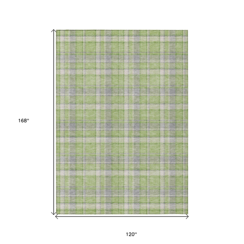 10' X 14' Green and Gray Plaid Washable Non Skid Indoor Outdoor Area Rug
