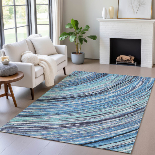 10' X 14' Blue Aqua And Ivory Abstract Washable Indoor Outdoor Area Rug
