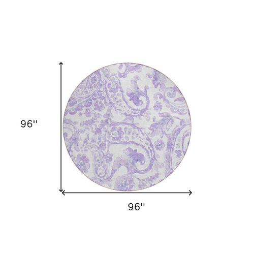 8' Lavender Ivory And Purple Round Paisley Washable Indoor Outdoor Area Rug
