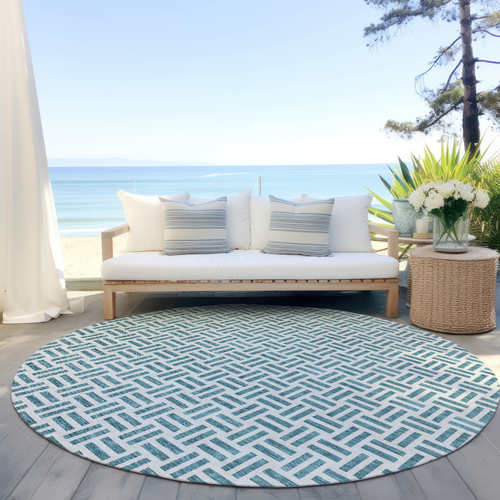8' Teal Blue And Ivory Round Geometric Washable Indoor Outdoor Area Rug