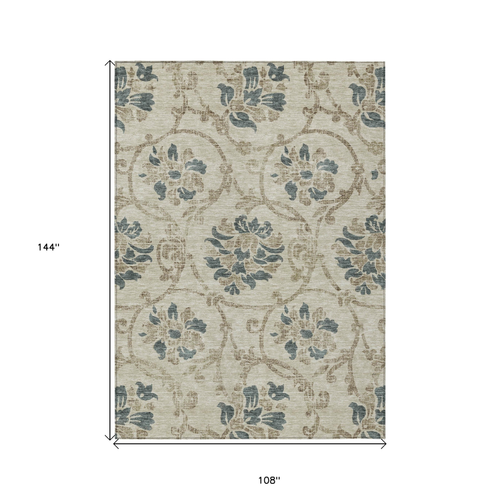 9' X 12' Beige Tan And Blue Floral Washable Indoor Outdoor Area Rug