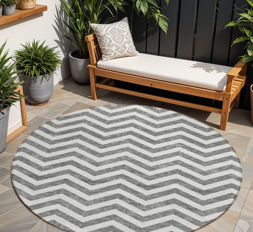 8' Gray And Ivory Round Chevron Washable Indoor Outdoor Area Rug
