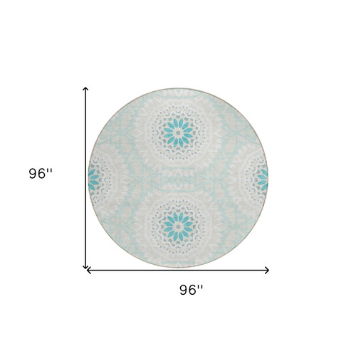 8' Teal Blue Beige And Ivory Round Floral Medallion Washable Indoor Outdoor Area Rug