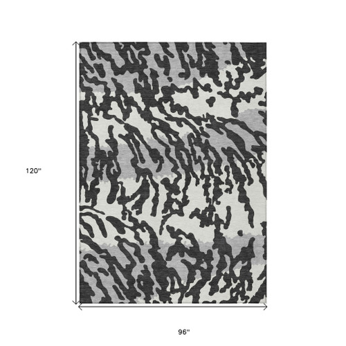 8' X 10' Black Gray And Ivory Animal Print Washable Indoor Outdoor Area Rug