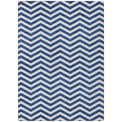 9' X 12' Navy Blue And Ivory Chevron Washable Indoor Outdoor Area Rug