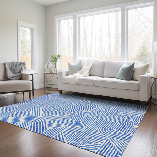 10' X 14' Blue And Ivory Abstract Washable Indoor Outdoor Area Rug