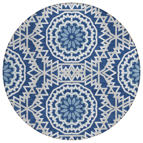 8' Navy Blue Ivory And Gray Round Floral Medallion Washable Indoor Outdoor Area Rug