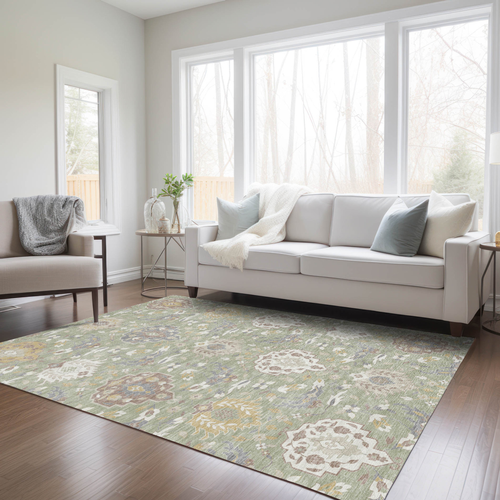 8' X 10' Artichoke Green Brown And Ivory Damask Washable Indoor Outdoor Area Rug