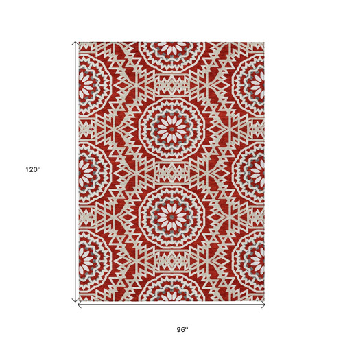 8' X 10' Red Beige And Ivory Floral Medallion Washable Indoor Outdoor Area Rug
