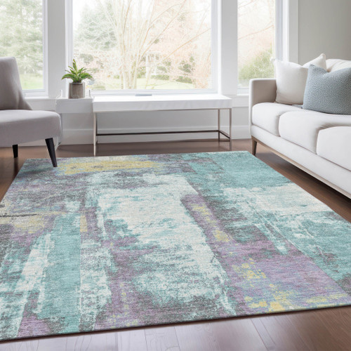 10' X 14' Teal Blue And Ivory Abstract Washable Indoor Outdoor Area Rug - Teal Blue, Ivory