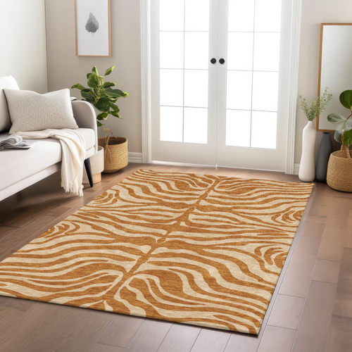 9' X 12' Copper And Tan Animal Print Washable Indoor Outdoor Area Rug