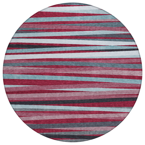 8' Burgundy Ivory And Blue Round Striped Washable Indoor Outdoor Area Rug