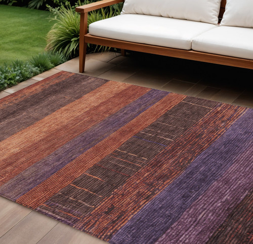 10' X 14' Orange Copper And Purple Striped Washable Indoor Outdoor Area Rug