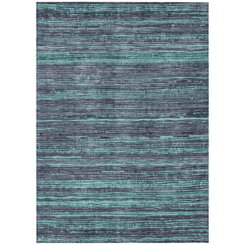 10' X 14' Teal Blue And Gray Striped Washable Indoor Outdoor Area Rug - Teal Blue, Gray