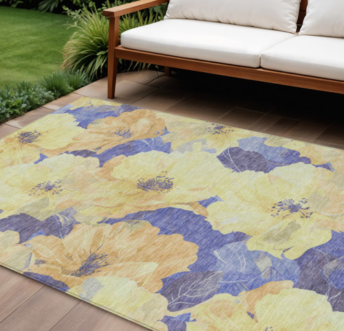 9' X 12' Wheat And Purple Floral Washable Indoor Outdoor Area Rug