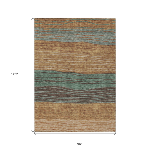8' X 10' Terra Cotta Copper And Beige Striped Washable Indoor Outdoor Area Rug