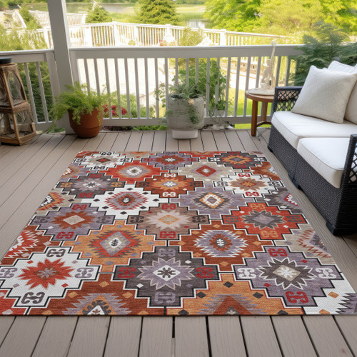 8' X 10' Rust Lavender And Ivory Southwestern Washable Indoor Outdoor Area Rug