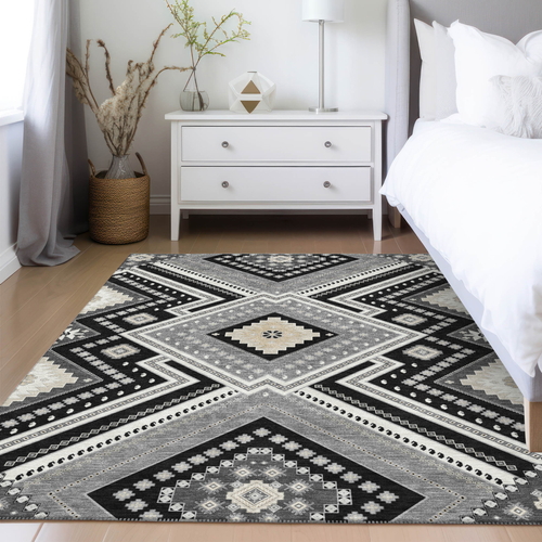 9' X 12' Black Gray And Ivory Tribal Washable Indoor Outdoor Area Rug