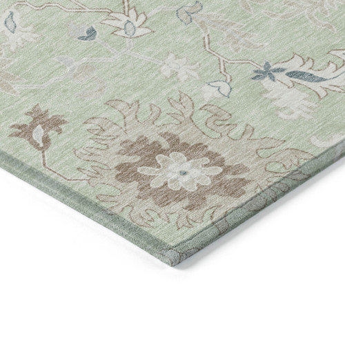 8' Artichoke Green Ivory And Brown Round Floral Washable Indoor Outdoor Area Rug