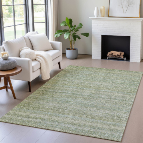 9' X 12' Sage And Ivory Striped Washable Indoor Outdoor Area Rug - Sage, Ivory