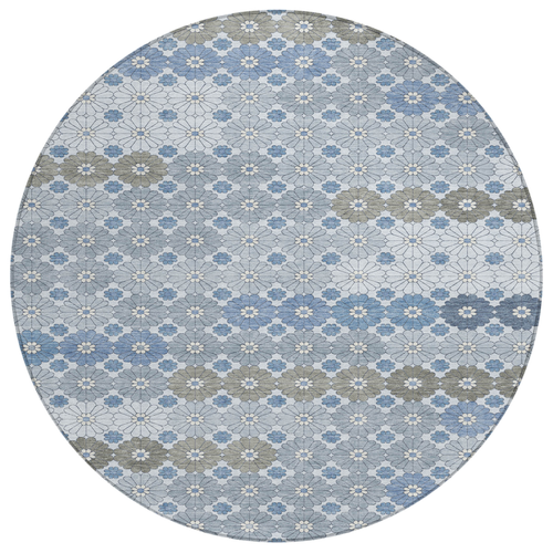 8' Denim Blue Gray And Ivory Round Floral Washable Indoor Outdoor Area Rug