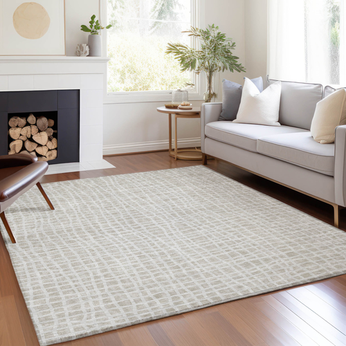 9' X 12' Ivory And Beige Striped Washable Indoor Outdoor Area Rug