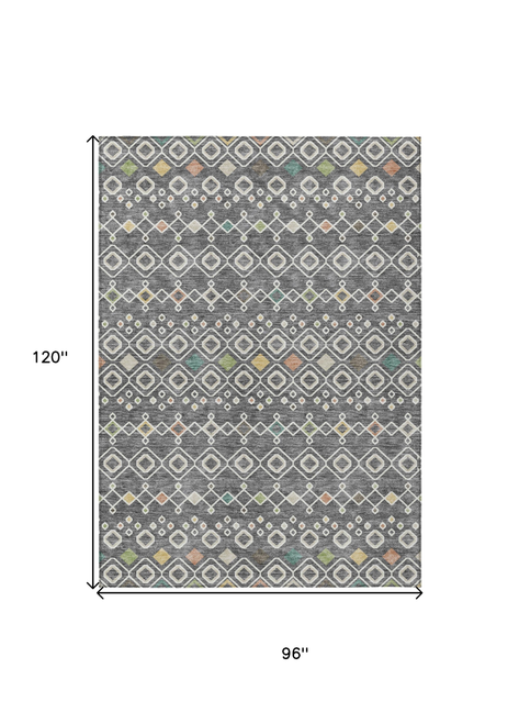 8' X 10' Gray Ivory And Gold Geometric Washable Indoor Outdoor Area Rug