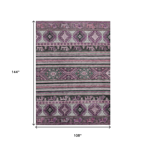 9' X 12' Purple Plum And Gray Tribal Washable Indoor Outdoor Area Rug