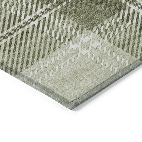 9' X 12' Artichoke Green Brown And Ivory Plaid Washable Indoor Outdoor Area Rug