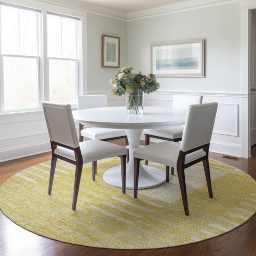 8' Gold Wheat And Ivory Round Striped Washable Indoor Outdoor Area Rug