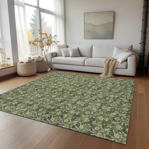 9' X 12' Olive Green Artichoke Green And Ivory Floral Washable Indoor Outdoor Area Rug