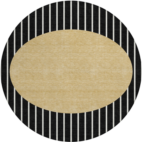 8' Black And Beige Round Striped Washable Indoor Outdoor Area Rug