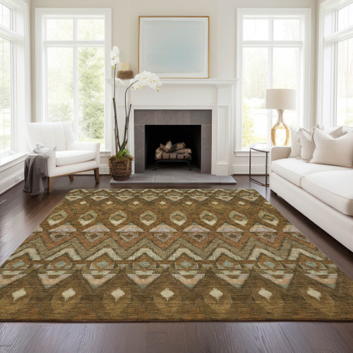 9' X 12' Brown Beige And Artichoke Green Southwestern Washable Indoor Outdoor Area Rug